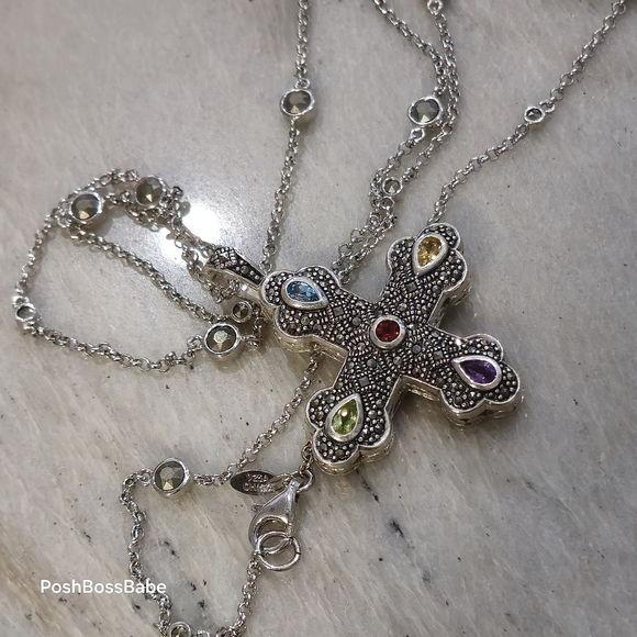 Sterling Silver Marcasite Multi-Gemstone Cross Pendant Necklace – 30" Chain - Picture 13 of 15